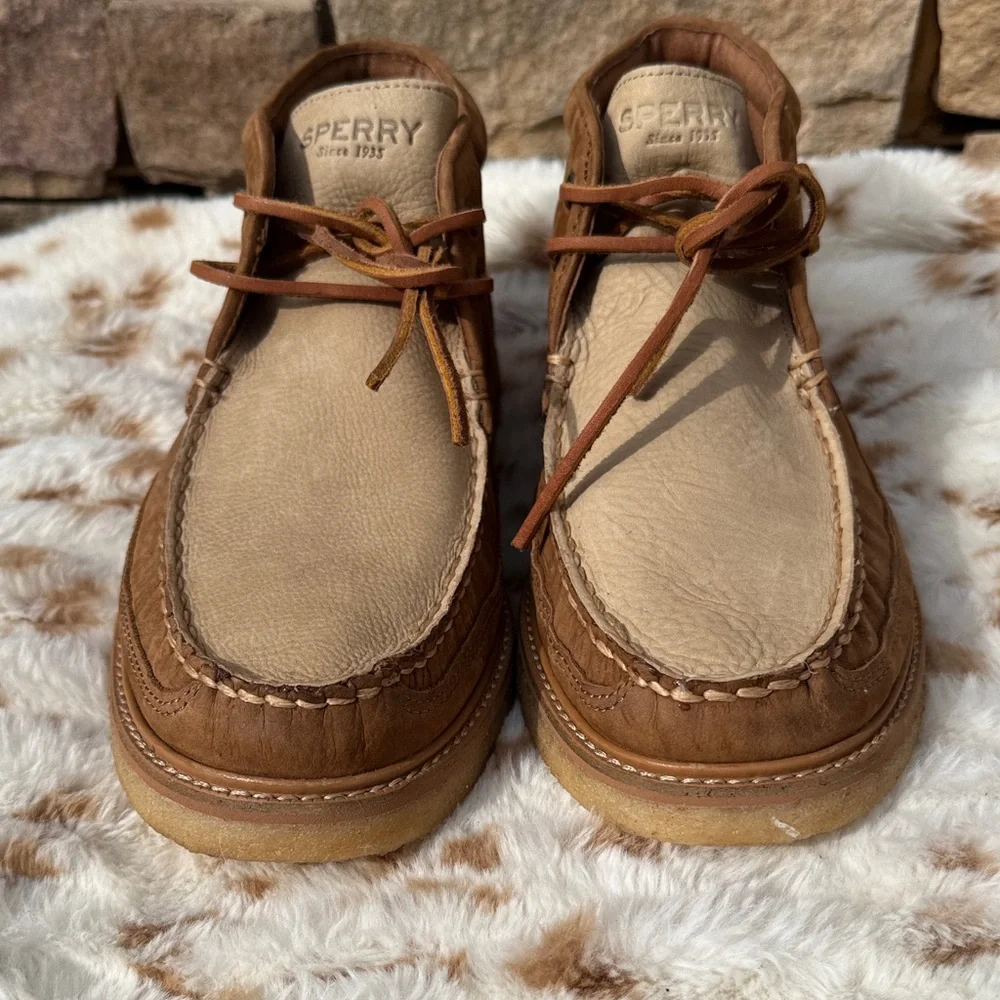 Sperry Brown and Tan Leather Moc Toe Chukka Boots